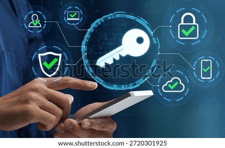 Passkeys and secure passwordless authentication technologies. Man tapping smartphone. Encryption key icon.