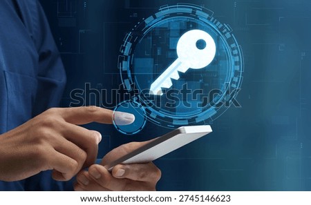 Passkeys and secure passwordless authentication technologies. Man tapping smartphone. Encryption key icon.
