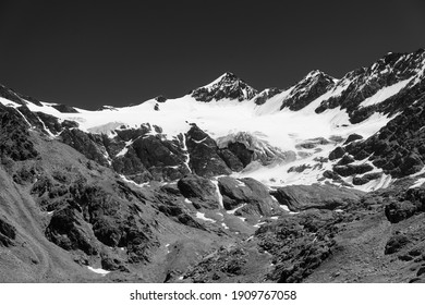 Passo Gavia, Sondrio province, Lombardy, Italy: landscape along the mountain pass at summer: glacier. Black and white