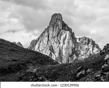 Passo Giau with Mount Gusela on the background, Dolomites, or Dolomiti Mountains, Italy. Black and white image.