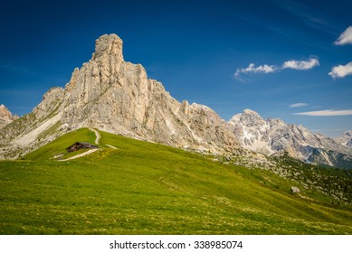 Passo Giau and mount Ra Gusela, one of beautiful mountains in Italian Dolomites 