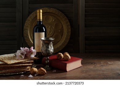 Passover celebration with wine and matzo . Pesach background (Jewish Passover holiday)