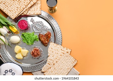 Passover Seder Plate With Traditional Food On Color Background