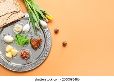 Passover Seder Plate With Traditional Food On Color Background