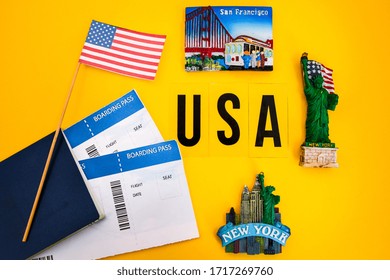 Passport With Boarding Pass, USA Flag, Magnets From New York And San Francisco, Statue Of Liberty, Travel Concept, Work And Travel, America