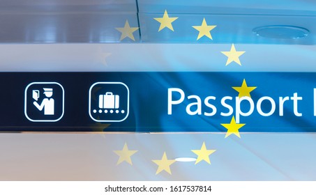 Passport Control Sign At Airport, Border, EU Border, EU Flag As Background