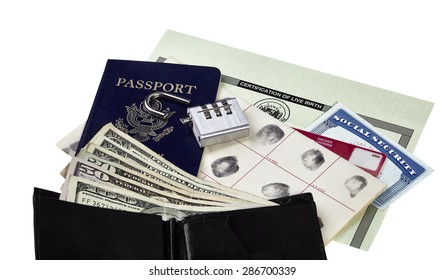 Passport, Fingerprint Card, Driver's License, Social Security Card And Birth Certificate Isolated On White With US Currency, Wallet And Broken Lock