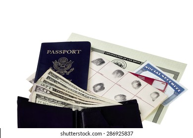 Passport, Fingerprint Card, Driver's License, Social Security Card And Birth Certificate Isolated On White With A Wallet And US Currency