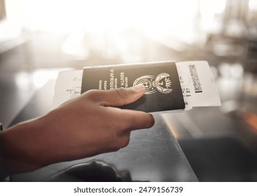 Passport, hands or identity book at an airport for checking, booking or flight compliance, registration or South Africa. Travel, documents or person at terminal with visa, information or ticket