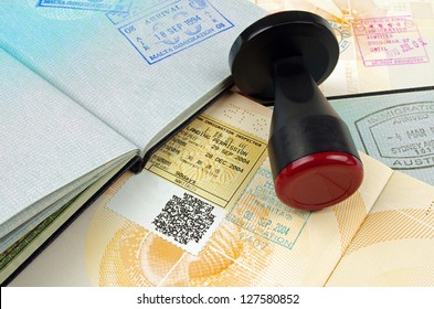 passport pages and immigration stamp