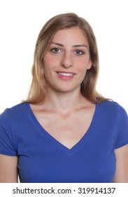 Passport photo of a german woman in a blue shirt