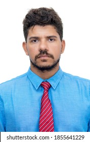 Passport Photo Of Latin American Businessman With Beard On Isolated White Background For Cut Out