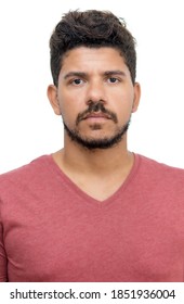 Passport photo of latin american man with beard on isolated white background for cut out