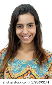 Passport Photo Of A Laughing Egyptian Female Young Adult On Isolated White Background For Cut Out