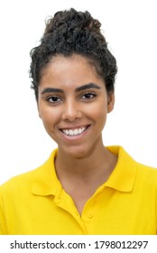 Passport Photo Of A Laughing Mexican Female Young Adult On Isolated White Background For Cut Out