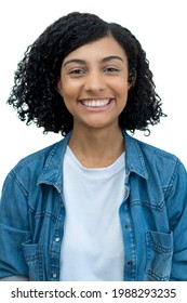 Passport Photo Of A Laughing Mexican Young Adult Woman Isolated On White Background For Cut Out