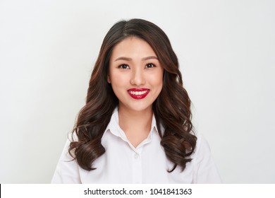 Passport photo. Portrait of asian smiling woman.