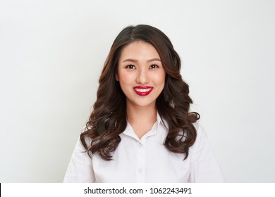 Passport Photo. Portrait Of Asian Smiling Woman.