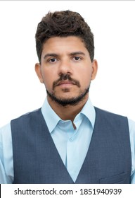 Passport Photo Of Serious Latin American Businessman With Beard On Isolated White Background For Cut Out