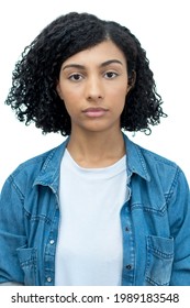 Passport Photo Of A Serious Mexican Young Adult Woman Isolated On White Background For Cut Out