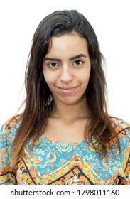 Passport Photo Of A Smiling Egyptian Female Young Adult On Isolated White Background For Cut Out