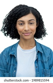 Passport Photo Of A Smiling Mexican Female Young Adult Isolated On White Background For Cut Out