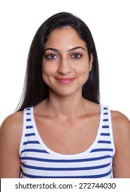 Passport picture of a smiling turkish woman in a striped shirt