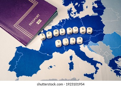 Passport and Schengen Visa message over a Map of the of the 26 countries that compose the Schengen Zone . Concept of ETIAS or European Travel Information and Authorisation System. Expected to enter
