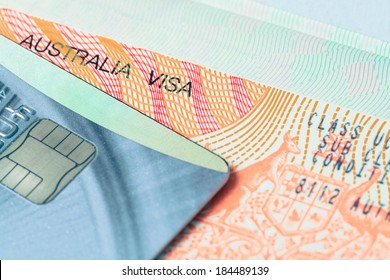 Passport Stamp Visa And Credit Card For Travel Concept Background, Australia