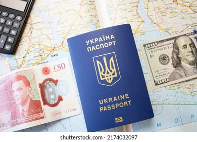 Passport Of Ukraine On The Background Of The Map, Seeking Asylum Abroad. Migration Crisis In Ukraine