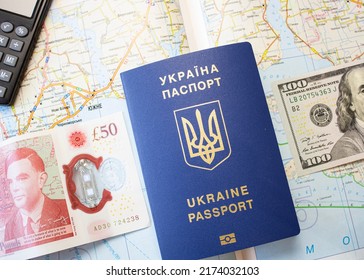 Passport Of Ukraine On The Background Of The Map, Seeking Asylum Abroad. Migration Crisis In Ukraine