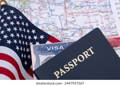 Passport with a US Visa against the background of the flag and map of the United States. The concept of travel and freedom of movement.