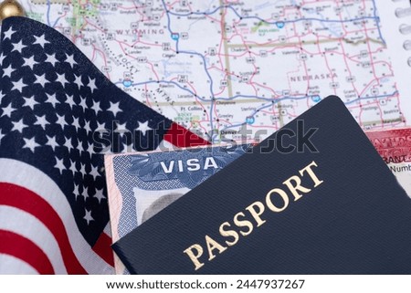 Passport with a US Visa against the background of the flag and map of the United States. The concept of travel and freedom of movement.