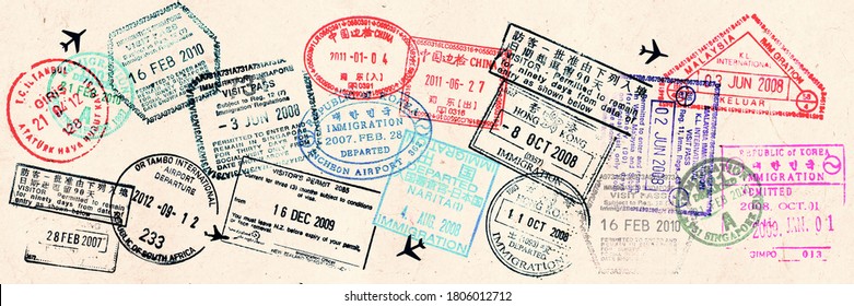 Reisevisa-Briefmarken auf sepia-strukturiertem, vintage Hintergrund