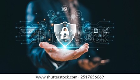 Password lock cybersecurity system, internet protect hacker attack. Cyber security protection technology concept. Privacy secure online network. Data fraud crime solution, digital information shield