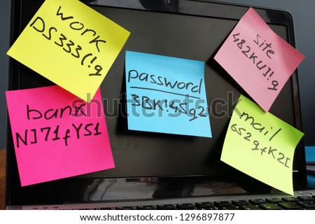 Password management.  Laptop with memo sticks on the screen.