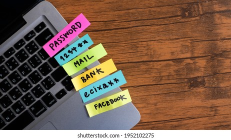 password management, password, mail, bank, facebook, message concept written post it on laptop keyboard.	 - Shutterstock ID 1952102275
