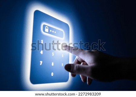 Password number in abstract lock screen. Data protection technology in future. Cyber security from online fraud, identity theft or digital crime. Passcode to access futuristic computer. Tech safety.