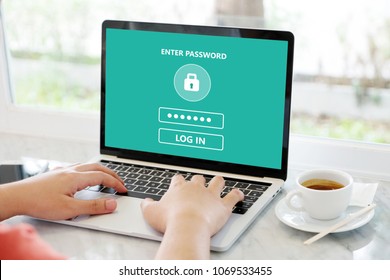 Password On Laptop For Privacy Login Security, Hand Tying Computer To Enter Password Login, Cyber Security Concept