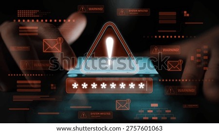 Password security breach warning with red asterisk box, cybersecurity alert, lock icons, and critical vulnerability signals in digital system access Marrow