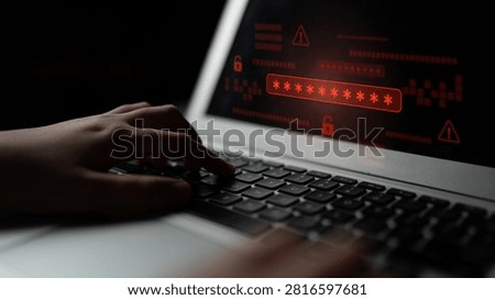 Password security breach warning with red asterisk box, cybersecurity alert, lock icons, and critical vulnerability signals in digital system access Latch