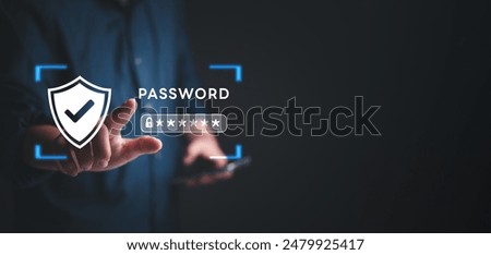 Password security icon with shield and checkmark. Finger pointing to virtual password field, emphasizing protection, safety. Ideal for cybersecurity, data protection content.