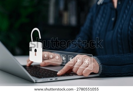 Password security unlock and digital access authentication concept. User entering secure passcode on laptop with virtual open lock, privacy protection, login verification, cybersecurity account safety