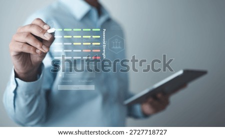 Password strength meter concept for secure signup and login process, showing strong password rules, account protection, identity verification, and modern cybersecurity user interface design.