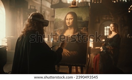 The Past Meets the Future: Back View of Leonardo Da Vinci Creating the Painting of the Mona Lisa on Canvas While Wearing VR Goggles in his Workshop. Futuristic Recreation of Historical Figure