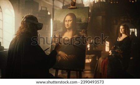 The Past Meets the Future: Back View of Leonardo Da Vinci Creating the Painting of the Mona Lisa on Canvas While Wearing VR Goggles in his Workshop. Futuristic Recreation of Historical Figure