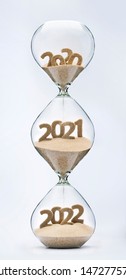 Past, Present And Future Concept. 3 Part Hourglass. Falling Sand Taking The Shape Of Years 2020, 2021 And 2022.