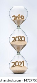 Past, Present And Future Concept. 3 Part Hourglass. Falling Sand Taking The Shape Of Years 2019, 2020 And 2021.