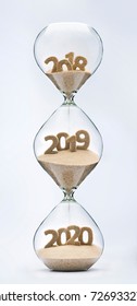 Past, Present And Future Concept. 3 Part Hourglass. Falling Sand Taking The Shape Of Years 2018, 2019 And 2020.