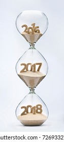 Past, Present And Future Concept. 3 Part Hourglass. Falling Sand Taking The Shape Of Years 2016, 2017 And 2018.